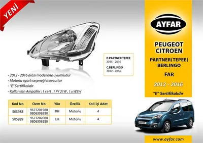 FAR SAĞ MOTORLU PEUGEOT PARTNER TEPEE 15-16 CITROEN BERLINGO 12-16