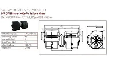 BLOWER 24V YENİ MODEL  ÇİFTLİ 335 -  1120 M3/D ÜÇ DEVİR 5701250240003