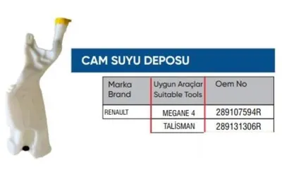 CAM YIKAMA SU DEPOSU 289107594R MEGANE IV TALISMAN