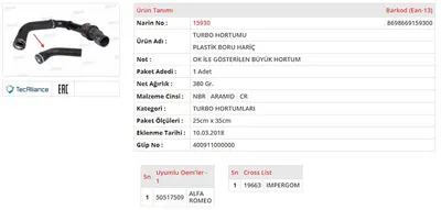 TURBO HORTUMU BUYUK PLASTIK PARCA HARIC ALFA ROMEO GIULIETTA 1,4