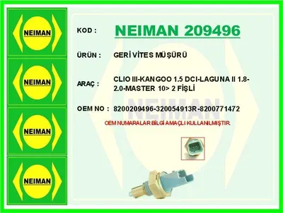 GERİ VİTES MÜŞÜRÜ CLIO III KANGOO 1.5 DCI LAGUNA II 1.8 2.0 MASTER 10> 2 FİŞLİ