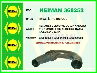HAVA FİLTRE BORUSU CLIO SYMBOL 02> KANGOO 01> SYMBOL II 08> CLIO II 02> LOGAN 05> SANDERO
