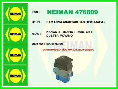 CAM ACMA ANAHTARI SAG ( TEKLI-MAVI ) KANGOO III TRAFIC II MASTER II DUSTER MOVANO